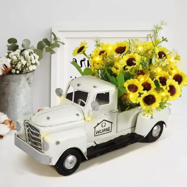 OurWarm Vintage White Truck Decor with Sunflowers Artificial Flowers Farmhouse Table Decor LED String Lights Metal Truck Sunflower Decor for Home Rustic Farmhouse Tiered Tray Decor Table Top Decor1white