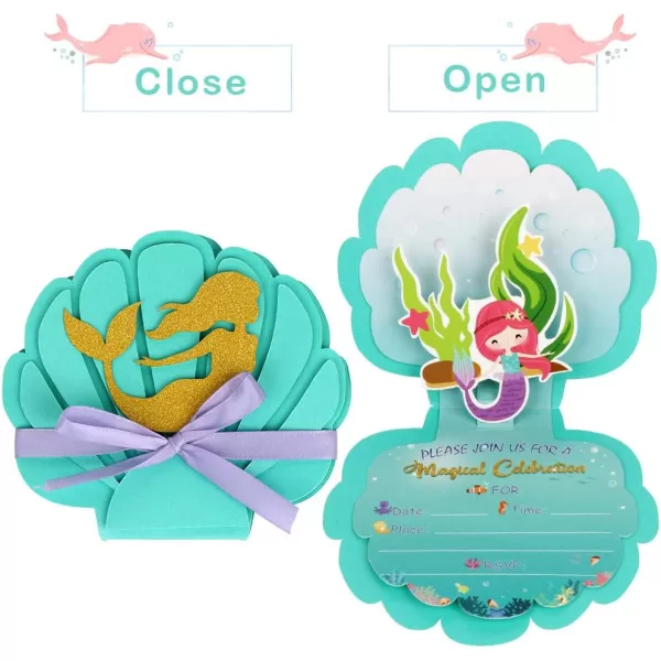 imageOurWarm 24pcs Mermaid Party Invitations 3D Pearlescent Mermaid Birthday Party Supplies with Envelopes for Kids Girls Birthday Wedding Baby Shower Pool Mermaid Themed Party SuppliesGreen