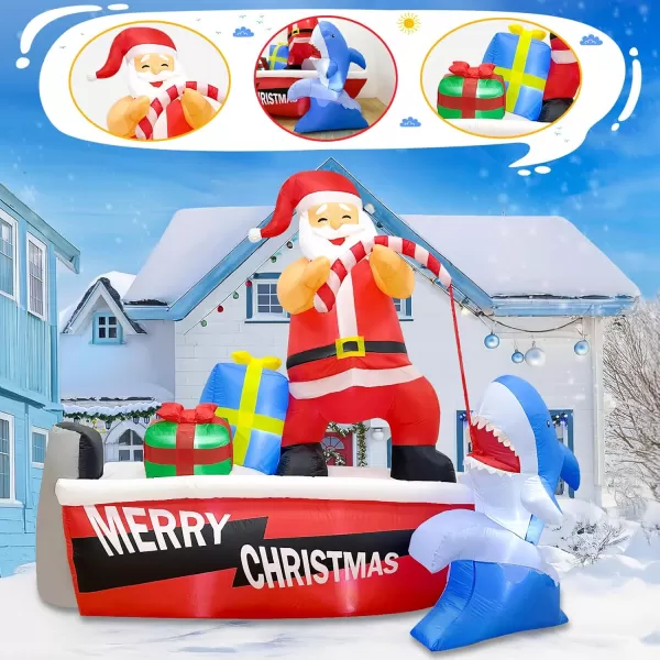 imageOurWarm 8FT Christmas Inflatables Outdoor Decorations Giant Inflatable Santa Fishing Shark Boat with LED Lights Santa Claus Inflatable Christmas Blow Ups for Xmas Yard Garden Lawn Holiday Decor