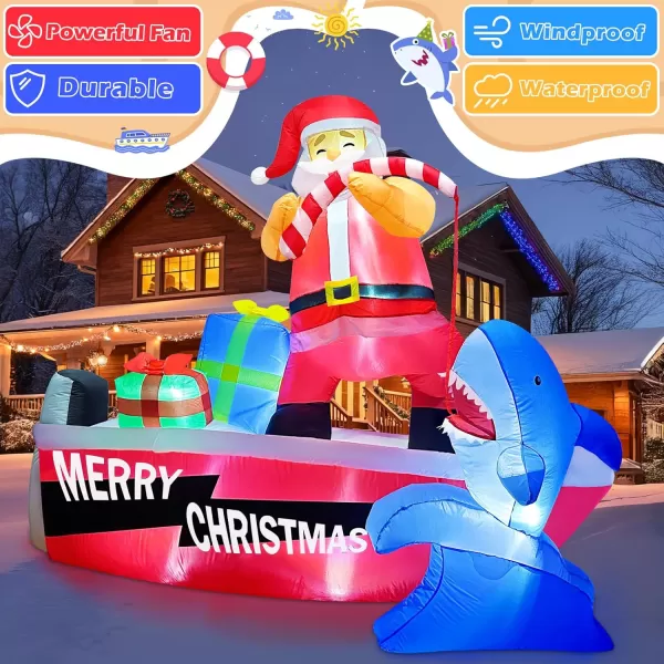 imageOurWarm 8FT Christmas Inflatables Outdoor Decorations Giant Inflatable Santa Fishing Shark Boat with LED Lights Santa Claus Inflatable Christmas Blow Ups for Xmas Yard Garden Lawn Holiday Decor