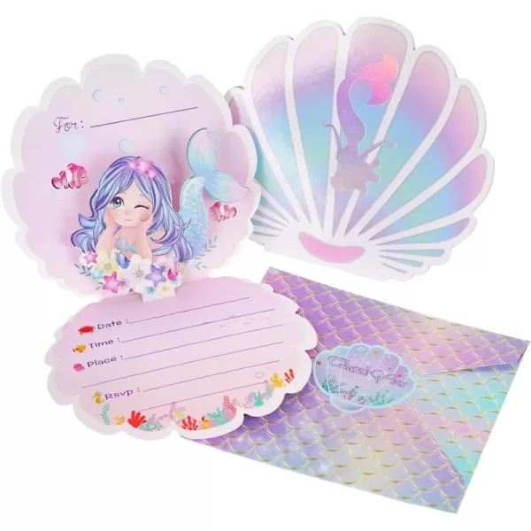 imageOurWarm 24pcs Mermaid Party Invitations 3D Pearlescent Mermaid Birthday Party Supplies with Envelopes for Kids Girls Birthday Wedding Baby Shower Pool Mermaid Themed Party Suppliespink