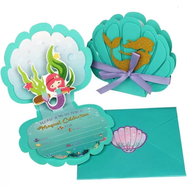 imageOurWarm 24pcs Mermaid Party Invitations 3D Pearlescent Mermaid Birthday Party Supplies with Envelopes for Kids Girls Birthday Wedding Baby Shower Pool Mermaid Themed Party SuppliesGreen