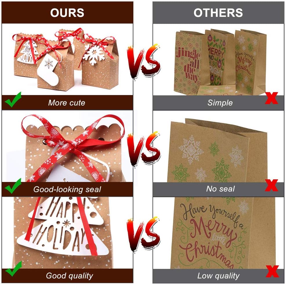 imageOurWarm 12pcs Christmas Treat Bags Christmas Kraft Gift Bags with Christmas Tags and Ribbons Xmas Paper Candy Goody Bags for Christmas Party Favors 5 x 3 x 7 Inch holiday gift bags1 Count Pack of 12