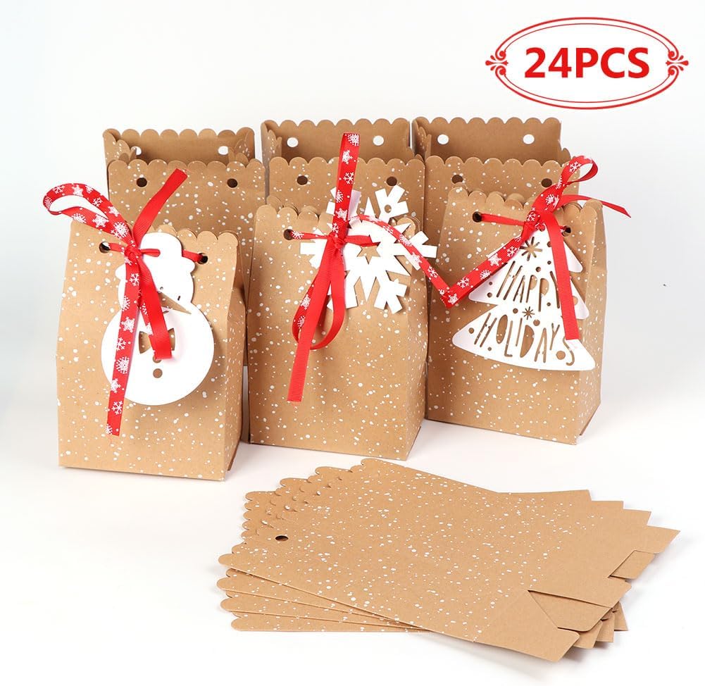 imageOurWarm 12pcs Christmas Treat Bags Christmas Kraft Gift Bags with Christmas Tags and Ribbons Xmas Paper Candy Goody Bags for Christmas Party Favors 5 x 3 x 7 Inch holiday gift bags1 Count Pack of 24