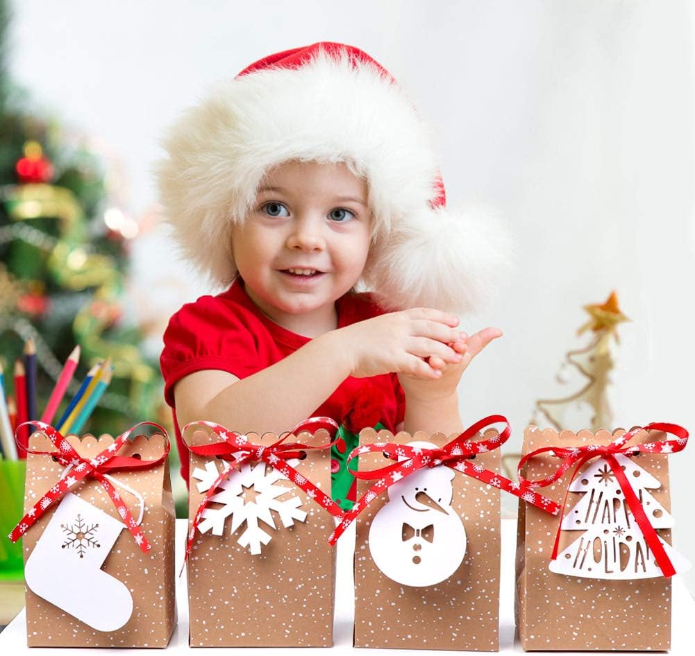 imageOurWarm 12pcs Christmas Treat Bags Christmas Kraft Gift Bags with Christmas Tags and Ribbons Xmas Paper Candy Goody Bags for Christmas Party Favors 5 x 3 x 7 Inch holiday gift bags1 Count Pack of 24