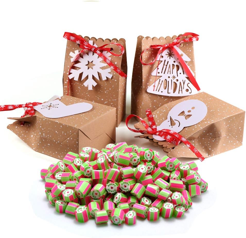 imageOurWarm 12pcs Christmas Treat Bags Christmas Kraft Gift Bags with Christmas Tags and Ribbons Xmas Paper Candy Goody Bags for Christmas Party Favors 5 x 3 x 7 Inch holiday gift bags1 Count Pack of 24