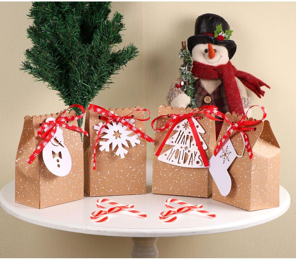 imageOurWarm 12pcs Christmas Treat Bags Christmas Kraft Gift Bags with Christmas Tags and Ribbons Xmas Paper Candy Goody Bags for Christmas Party Favors 5 x 3 x 7 Inch holiday gift bags1 Count Pack of 12
