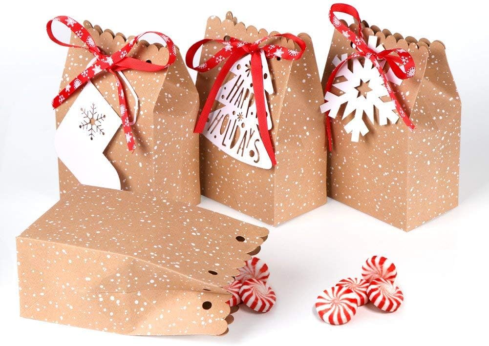 imageOurWarm 12pcs Christmas Treat Bags Christmas Kraft Gift Bags with Christmas Tags and Ribbons Xmas Paper Candy Goody Bags for Christmas Party Favors 5 x 3 x 7 Inch holiday gift bags1 Count Pack of 12