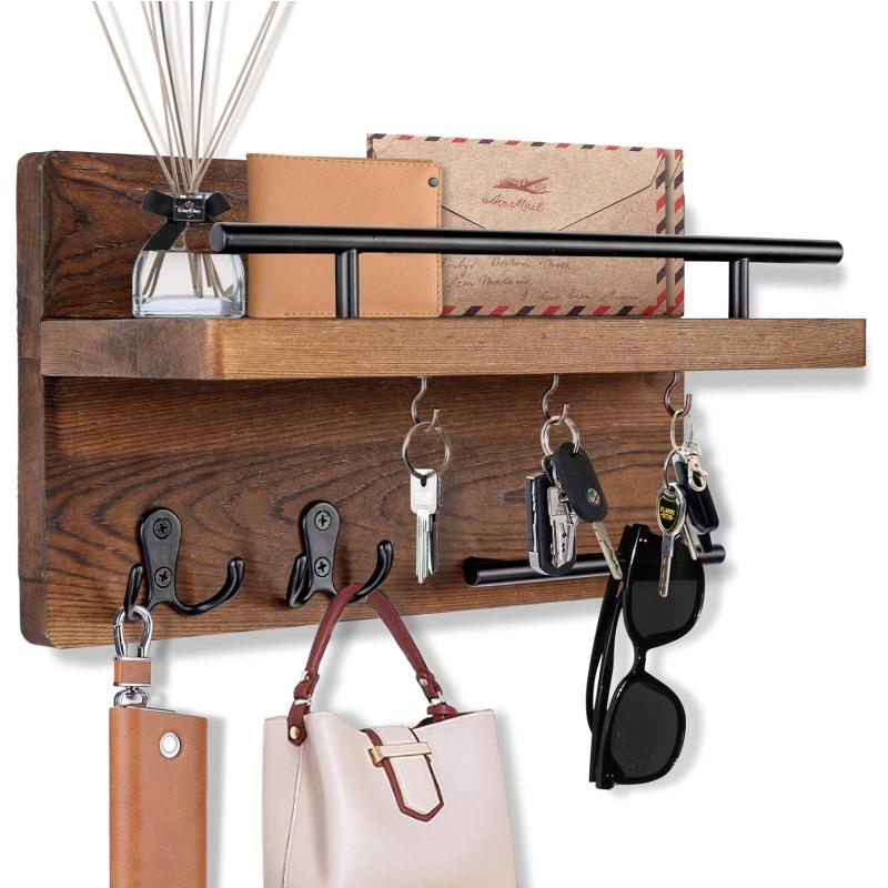 imageOurWarm Wall Mounted Key Holder  Hangers for Wall Decorative with 5 Key Hooks Wooden Mail Rack Organizer with Shelf Rustic Home Decor for Entryway Mudroom Hallway Office BrownBrown