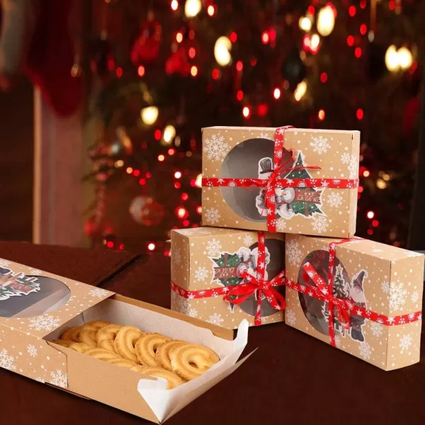 imageOurWarm 12 Packs Christmas Cookie Boxes with Window Food Grade Kraft Bakery Boxes with Oilpaper and Ribbons Cupcake Boxes for Holiday Gift Giving Christmas Party Favors Fits 12 Cookies or Cakes