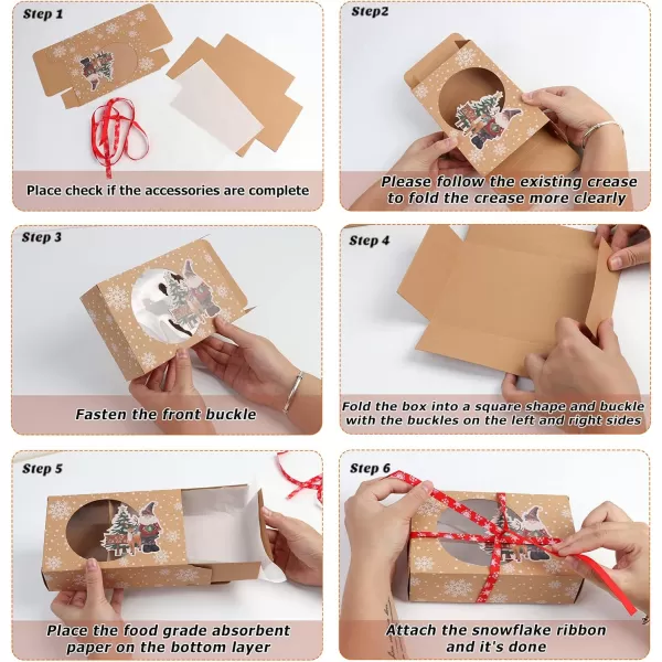 imageOurWarm 12 Packs Christmas Cookie Boxes with Window Food Grade Kraft Bakery Boxes with Oilpaper and Ribbons Cupcake Boxes for Holiday Gift Giving Christmas Party Favors Fits 12 Cookies or Cakes