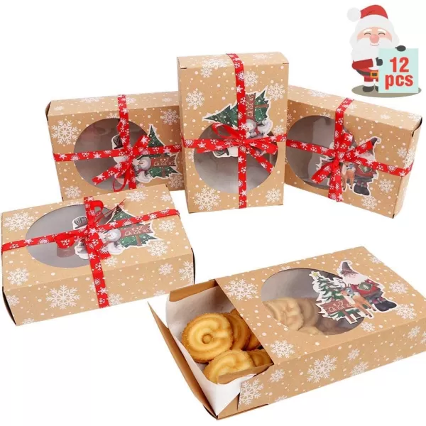 imageOurWarm 12pcs Christmas Cookie Gift Boxes Treat Boxes for Holiday Gift Giving and Christmas Party Supplies Christmas Kraft Paper Food Bakery Boxes with Clear Window Oilpaper and Ribbons