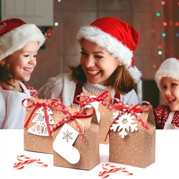 imageOurWarm 12pcs Christmas Treat Bags Christmas Kraft Gift Bags with Christmas Tags and Ribbons Xmas Paper Candy Goody Bags for Christmas Party Favors 5 x 3 x 7 Inch holiday gift bags1 Count Pack of 12