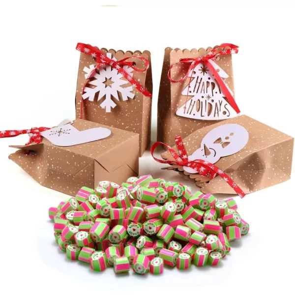imageOurWarm 12pcs Christmas Treat Bags Christmas Kraft Gift Bags with Christmas Tags and Ribbons Xmas Paper Candy Goody Bags for Christmas Party Favors 5 x 3 x 7 Inch holiday gift bags1 Count Pack of 24