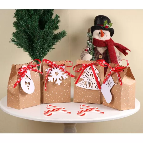 imageOurWarm 12pcs Christmas Treat Bags Christmas Kraft Gift Bags with Christmas Tags and Ribbons Xmas Paper Candy Goody Bags for Christmas Party Favors 5 x 3 x 7 Inch holiday gift bags1 Count Pack of 12