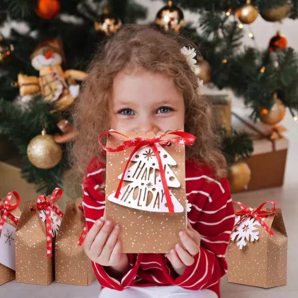 imageOurWarm 12pcs Christmas Treat Bags Christmas Kraft Gift Bags with Christmas Tags and Ribbons Xmas Paper Candy Goody Bags for Christmas Party Favors 5 x 3 x 7 Inch holiday gift bags1 Count Pack of 12
