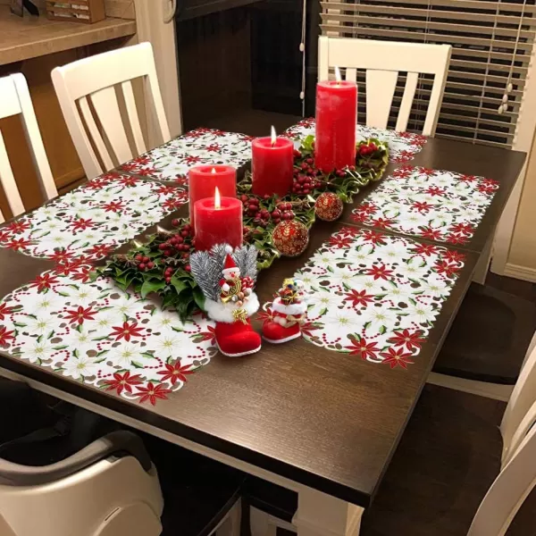 imageOurWarm 6pcs Embroidered Christmas Placemats Red Poinsettia Placemats with Holly for Christmas Holiday Decorations 11 x 17 Inch Christmas Table Mats