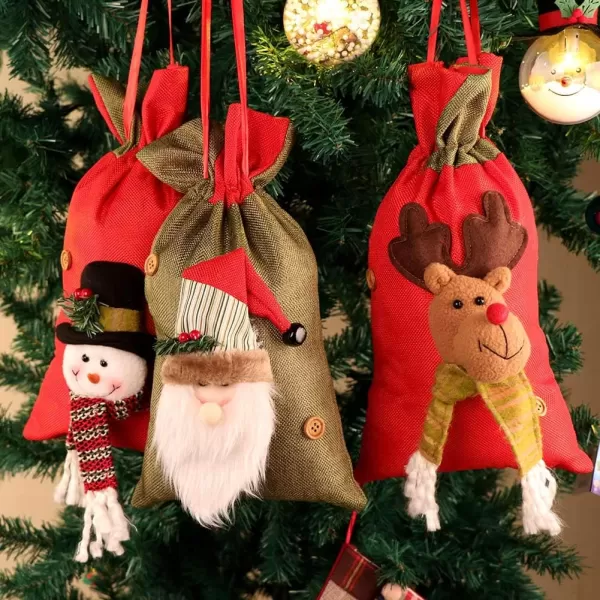 imageOurWarm Christmas Gift Bags Bulk 3 Pcs Drawstring Gift Bags Large with 3D Santa Claus Snowman Reindeer Reusable Christmas Treat Bags Goody Bags Burlap Sack for Xmas Party Supplies15 X 8 Inches