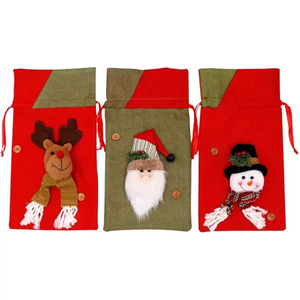 imageOurWarm Christmas Gift Bags Bulk 3 Pcs Drawstring Gift Bags Large with 3D Santa Claus Snowman Reindeer Reusable Christmas Treat Bags Goody Bags Burlap Sack for Xmas Party Supplies15 X 8 Inches