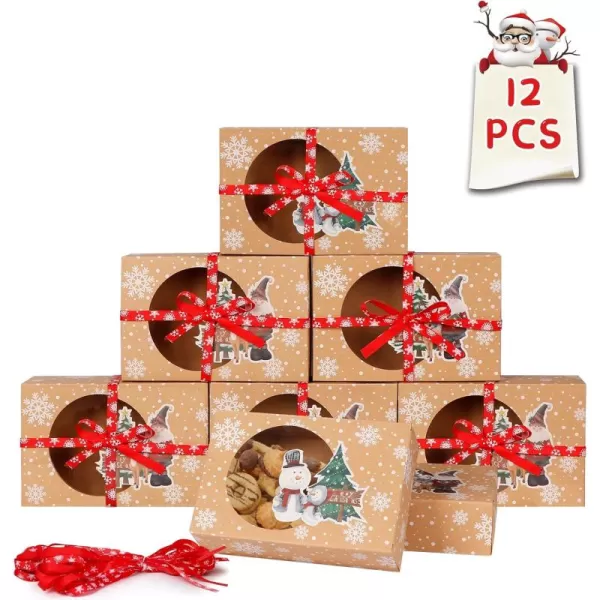 imageOurWarm 12 Packs Christmas Cookie Boxes with Window Food Grade Kraft Bakery Boxes with Oilpaper and Ribbons Cupcake Boxes for Holiday Gift Giving Christmas Party Favors Fits 12 Cookies or Cakes