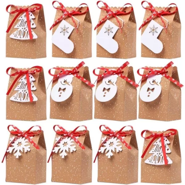 imageOurWarm 12pcs Christmas Treat Bags Christmas Kraft Gift Bags with Christmas Tags and Ribbons Xmas Paper Candy Goody Bags for Christmas Party Favors 5 x 3 x 7 Inch holiday gift bags1 Count Pack of 12