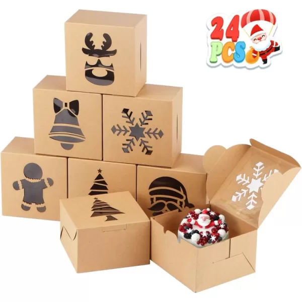 imageOurWarm 24 PCS Christmas Cookie Boxes for Gift Giving Small Cookie Tins Pretty Holiday Treat Boxes with Window Kraft Paper Xmas Bakery Boxes for Candy Cupcakes Pastries 4quot x 4quot x 25quot