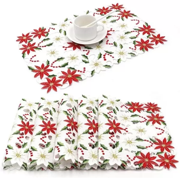 imageOurWarm 6pcs Embroidered Christmas Placemats Red Poinsettia Placemats with Holly for Christmas Holiday Decorations 11 x 17 Inch Christmas Table Mats