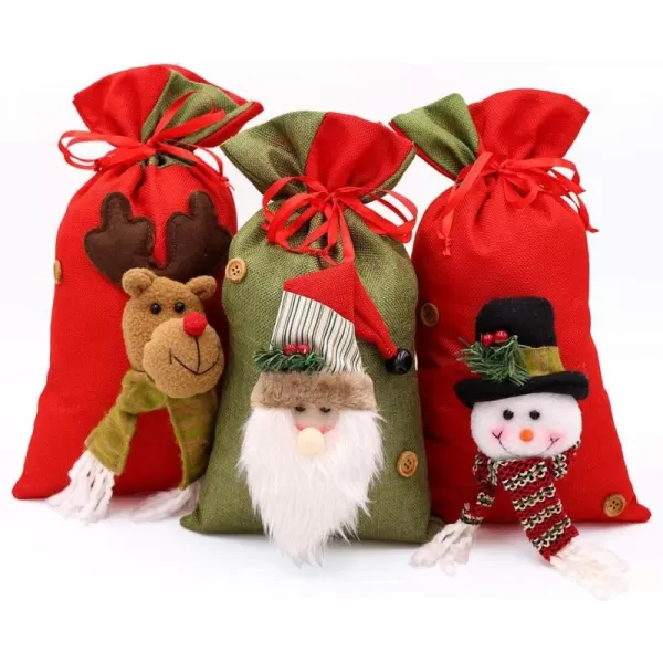 imageOurWarm Christmas Gift Bags Bulk 3 Pcs Drawstring Gift Bags Large with 3D Santa Claus Snowman Reindeer Reusable Christmas Treat Bags Goody Bags Burlap Sack for Xmas Party Supplies15 X 8 Inches