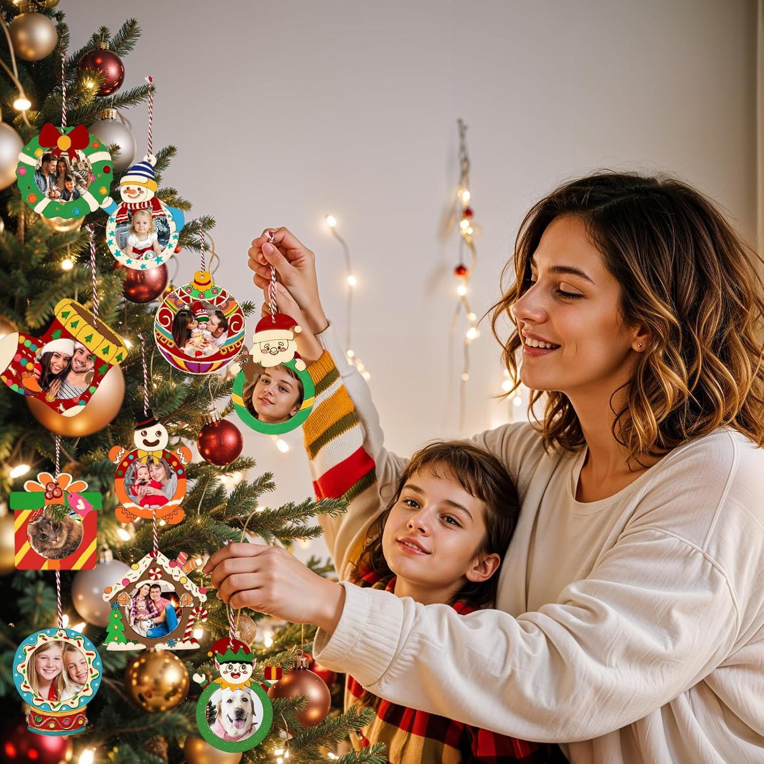 imageOurWarm 24Pcs Christmas Picture Frame Ornament Unfinished Wooden Photo Ornaments to Paint with stickers and Colored Markers DIY Personalized Wood Ornaments Making Kit for Tree Home Decorations