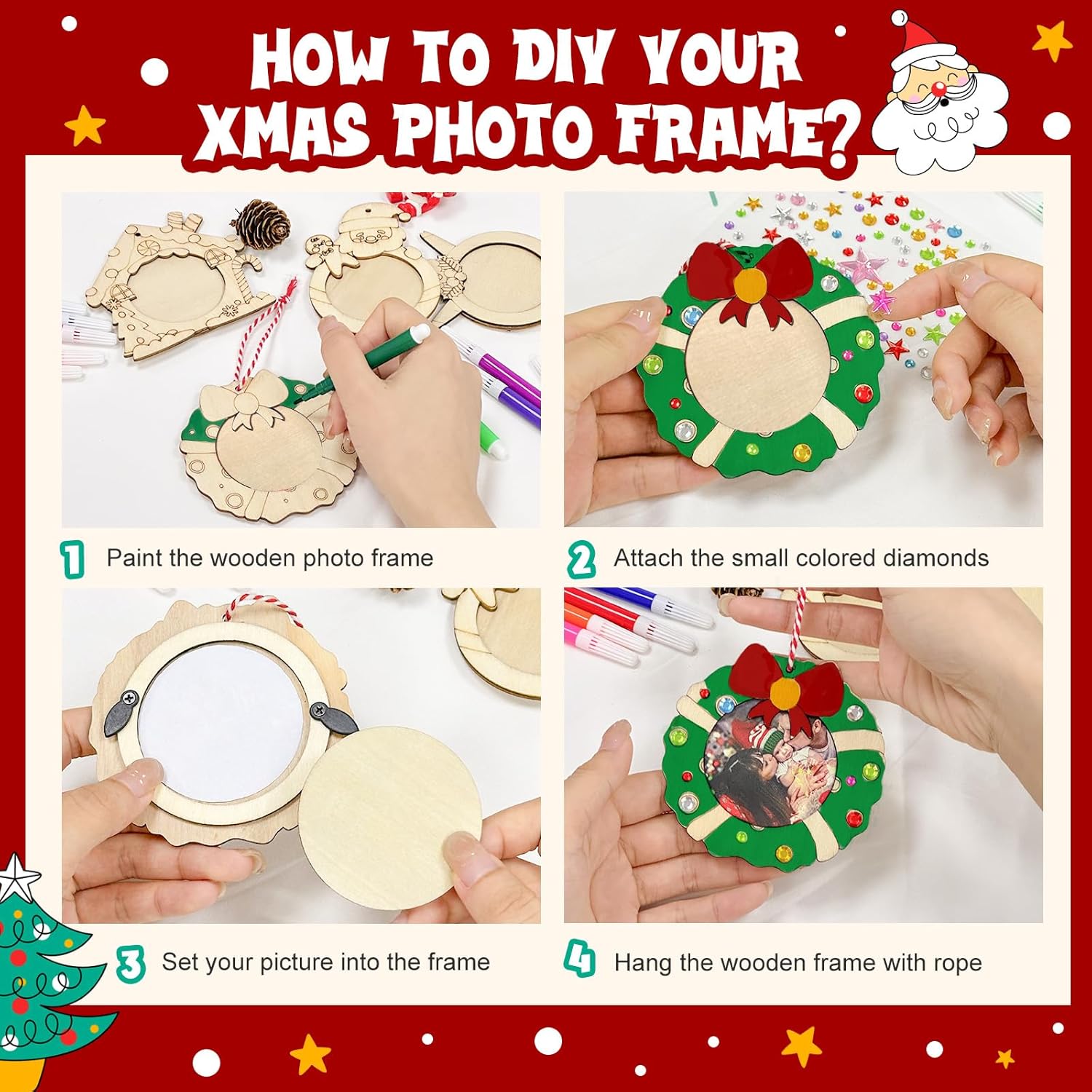 imageOurWarm 24Pcs Christmas Picture Frame Ornament Unfinished Wooden Photo Ornaments to Paint with stickers and Colored Markers DIY Personalized Wood Ornaments Making Kit for Tree Home Decorations