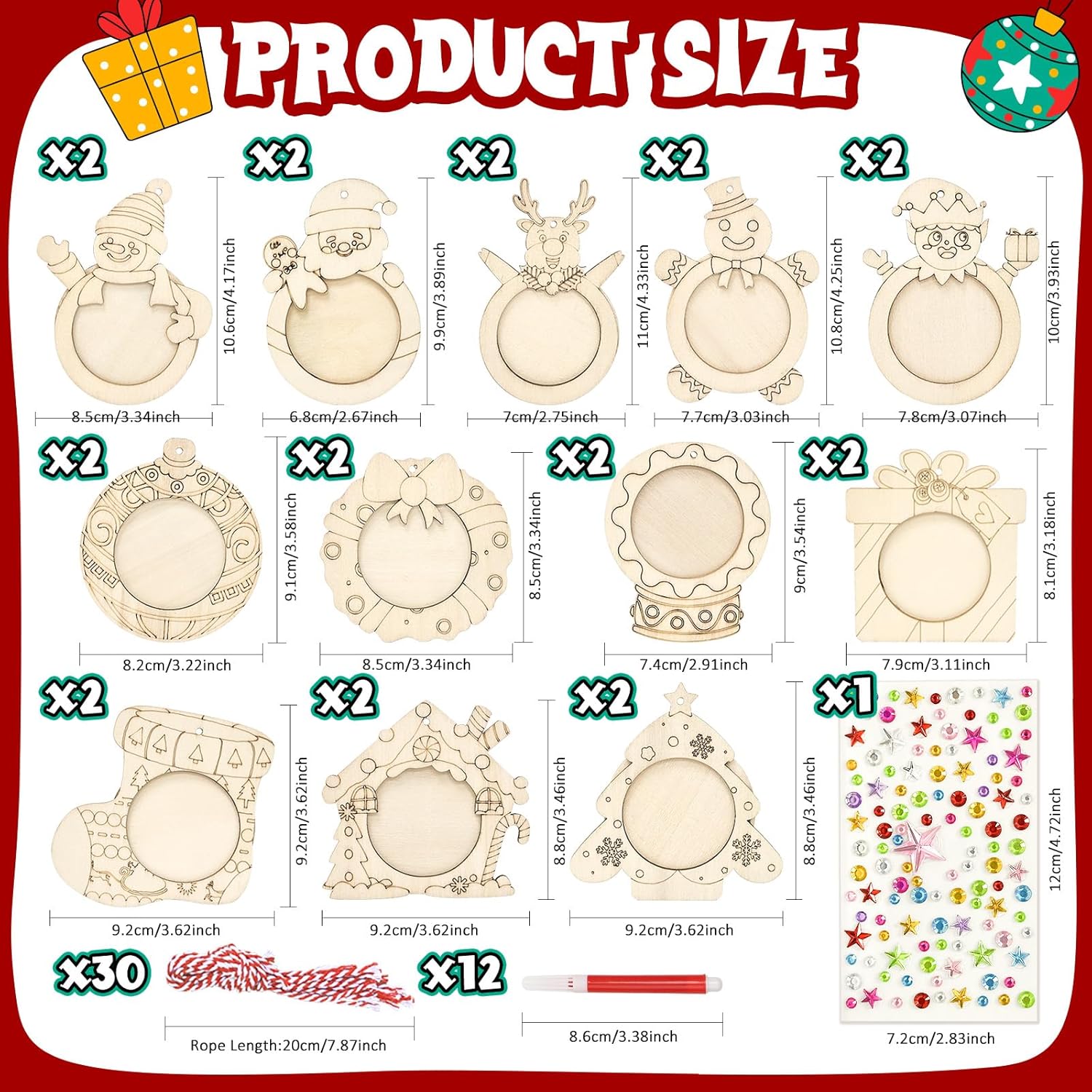 imageOurWarm 24Pcs Christmas Picture Frame Ornament Unfinished Wooden Photo Ornaments to Paint with stickers and Colored Markers DIY Personalized Wood Ornaments Making Kit for Tree Home Decorations
