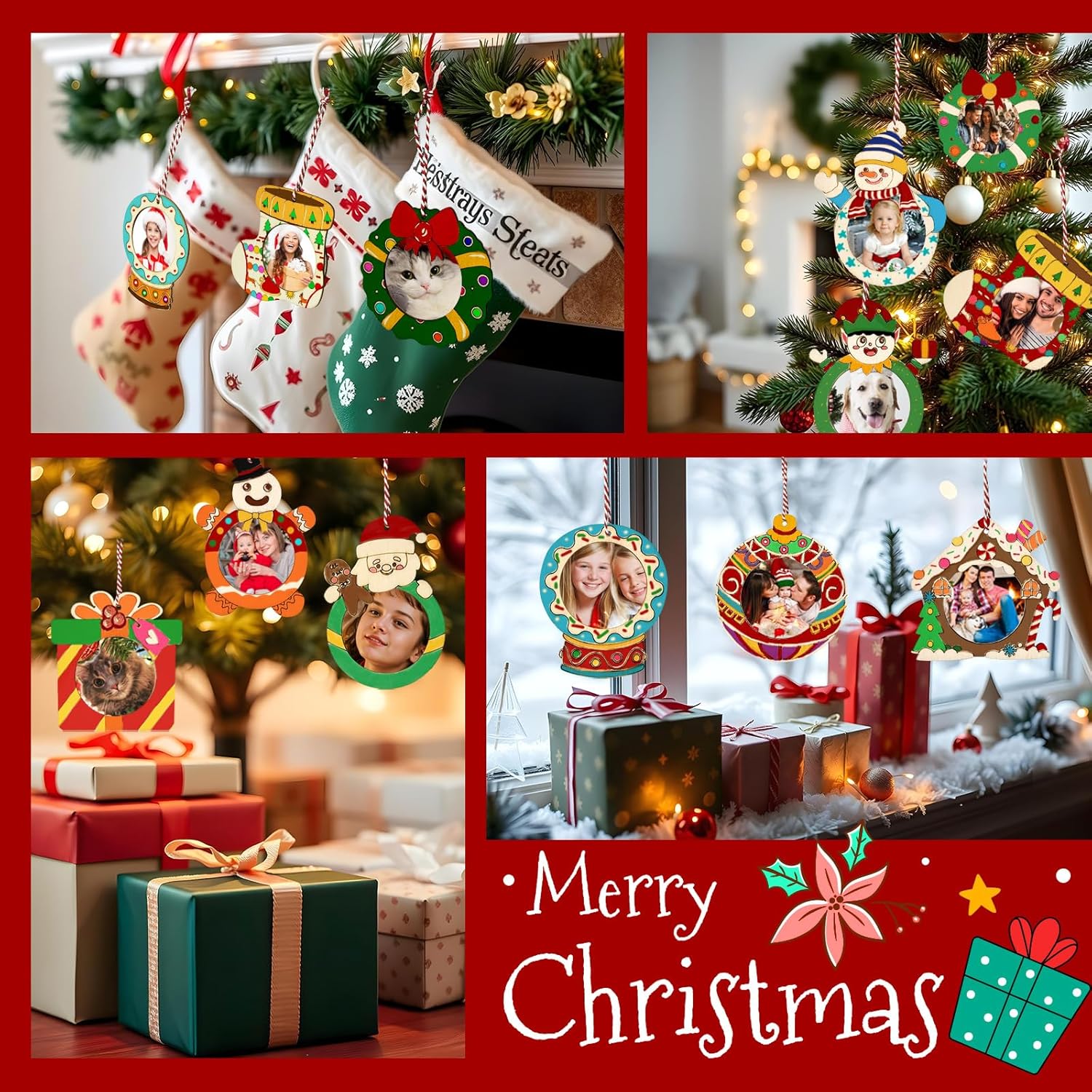 imageOurWarm 24Pcs Christmas Picture Frame Ornament Unfinished Wooden Photo Ornaments to Paint with stickers and Colored Markers DIY Personalized Wood Ornaments Making Kit for Tree Home Decorations