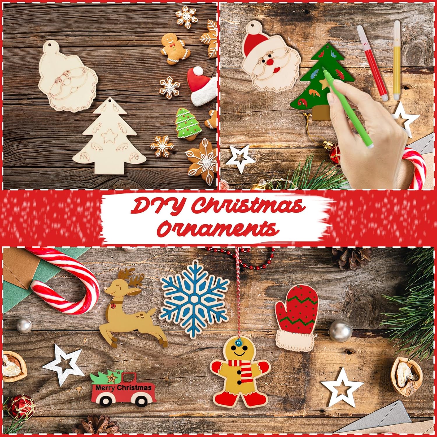 imageOurWarm 60PCS Unfinished Wooden Christmas Ornaments 12 Styles DIY Blank Wood Ornaments Crafts Kit with Colored Markers to Paint Christmas Tree Decorations Holiday Gift for Kids Adults48