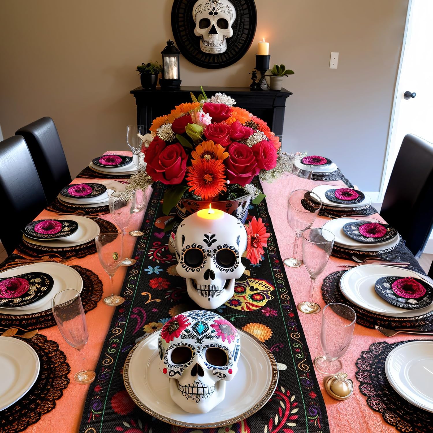 imageOurWarm Halloween Table Runner 72 Inches Long Vintage Skull bat Black Burlap Halloween Table Runners Skeleton Burlap Day of Dead Table Decor for Kitchen Holiday Indoor Home PartyKLTJT