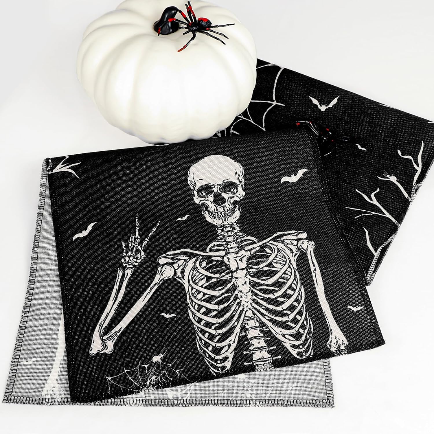 imageOurWarm Halloween Table Runner 72 Inches Long Vintage Skull bat Black Burlap Halloween Table Runners Skeleton Burlap Day of Dead Table Decor for Kitchen Holiday Indoor Home PartyKLBY