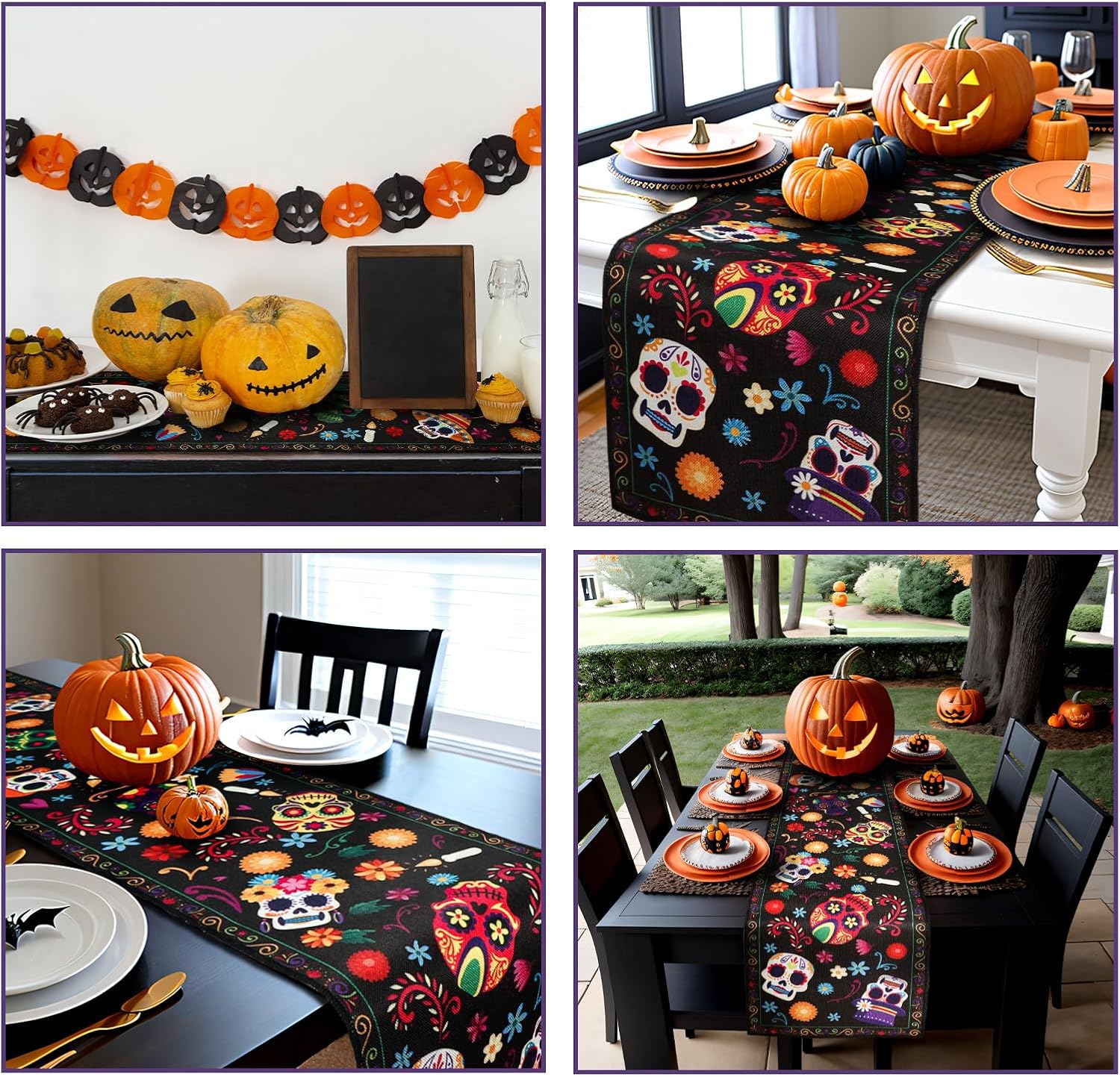 imageOurWarm Halloween Table Runner 72 Inches Long Vintage Skull bat Black Burlap Halloween Table Runners Skeleton Burlap Day of Dead Table Decor for Kitchen Holiday Indoor Home PartyKLTJT