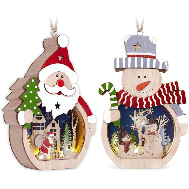 imageOurWarm 2 Pcs Wooden Christmas Ornaments LED Light Wood Christmas Hanging Ornaments Santa Claus Snowman Ornaments for Christmas Tree Table Hotel Window Display Crafts Gifts for Xmas Party Decor