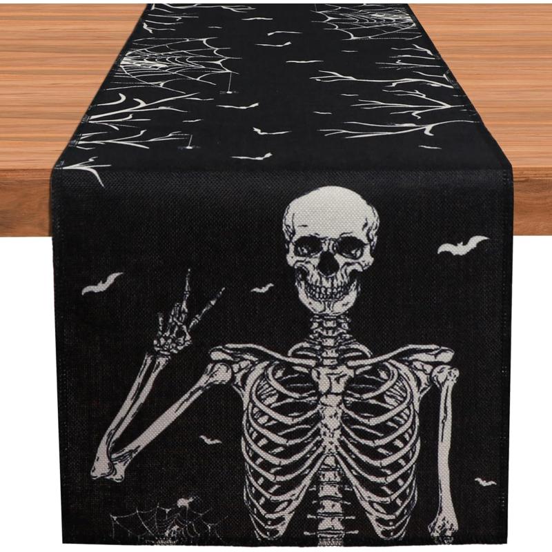 imageOurWarm Halloween Table Runner 72 Inches Long Vintage Skull bat Black Burlap Halloween Table Runners Skeleton Burlap Day of Dead Table Decor for Kitchen Holiday Indoor Home PartyKLBY