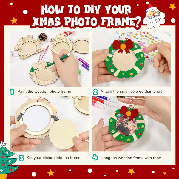 imageOurWarm 24Pcs Christmas Picture Frame Ornament Unfinished Wooden Photo Ornaments to Paint with stickers and Colored Markers DIY Personalized Wood Ornaments Making Kit for Tree Home Decorations