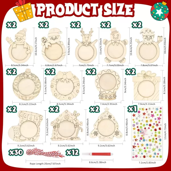 imageOurWarm 24Pcs Christmas Picture Frame Ornament Unfinished Wooden Photo Ornaments to Paint with stickers and Colored Markers DIY Personalized Wood Ornaments Making Kit for Tree Home Decorations