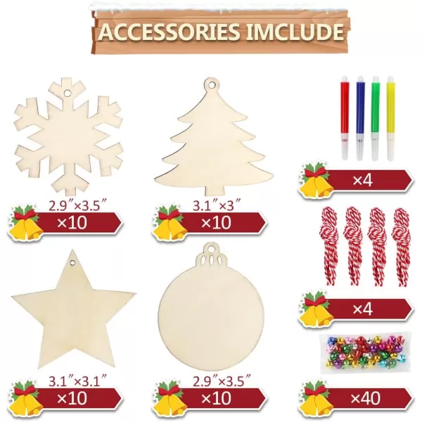 imageOurWarm 40pcs Wooden Christmas Ornaments Crafts for Kids DIY Christmas Crafts Ornament Making Kit Unfinished Wood Slices with Holes Hanging Christmas Centerpieces Decorations 4 Styles