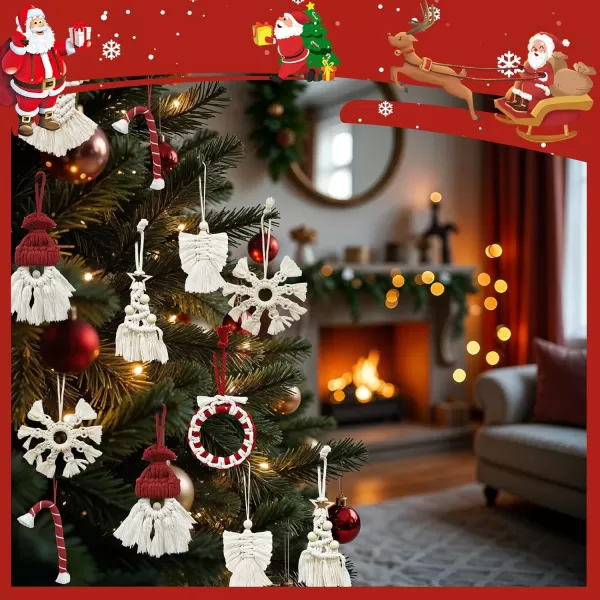 imageOurWarm 7Pcs Macrame Christmas Tree Ornaments Hanging Macrame Kit Christmas Tree Decorations Snowflakes Santa Claus Candy Cane Macrame Decor Boho Christmas Ornaments for Christmas Tree Decor