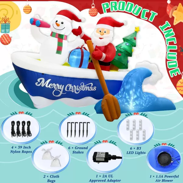 imageOurWarm 8FT Christmas Inflatable Outdoor Decoration Christmas Blow Ups Santa Rowing Boat with Snowman Xmas Inflatable Outdoor Holiday Yard Decoration with LEDs for Outside Indoor Party Garden Lawn