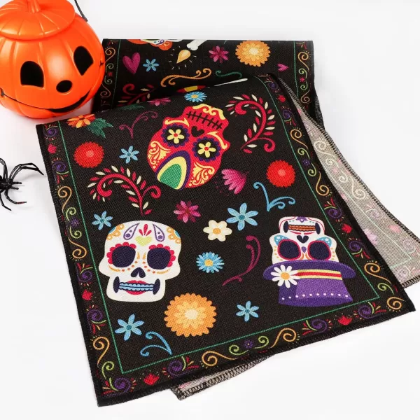 imageOurWarm Halloween Table Runner 72 Inches Long Vintage Skull bat Black Burlap Halloween Table Runners Skeleton Burlap Day of Dead Table Decor for Kitchen Holiday Indoor Home PartyKLTJT