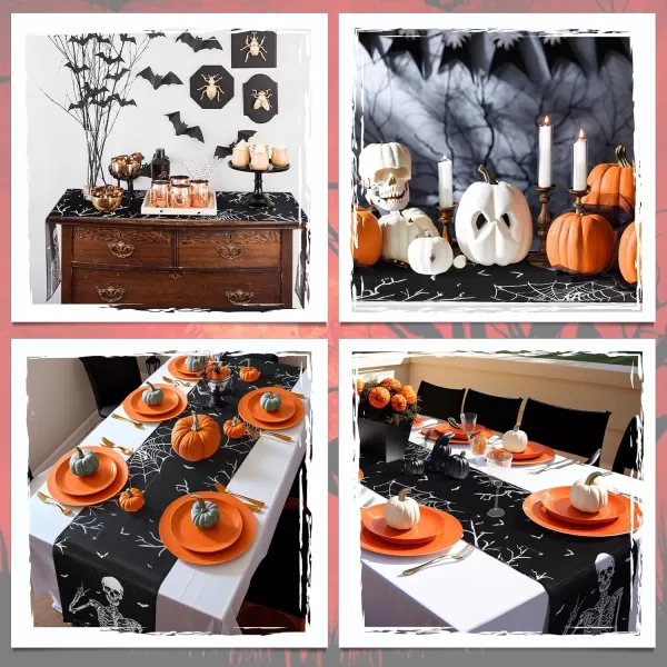 imageOurWarm Halloween Table Runner 72 Inches Long Vintage Skull bat Black Burlap Halloween Table Runners Skeleton Burlap Day of Dead Table Decor for Kitchen Holiday Indoor Home PartyKLBY