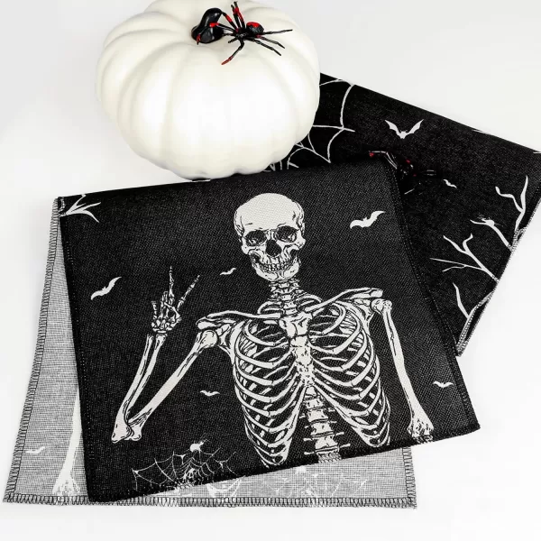 imageOurWarm Halloween Table Runner 72 Inches Long Vintage Skull bat Black Burlap Halloween Table Runners Skeleton Burlap Day of Dead Table Decor for Kitchen Holiday Indoor Home PartyKLBY