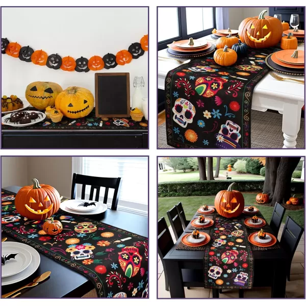 imageOurWarm Halloween Table Runner 72 Inches Long Vintage Skull bat Black Burlap Halloween Table Runners Skeleton Burlap Day of Dead Table Decor for Kitchen Holiday Indoor Home PartyKLTJT