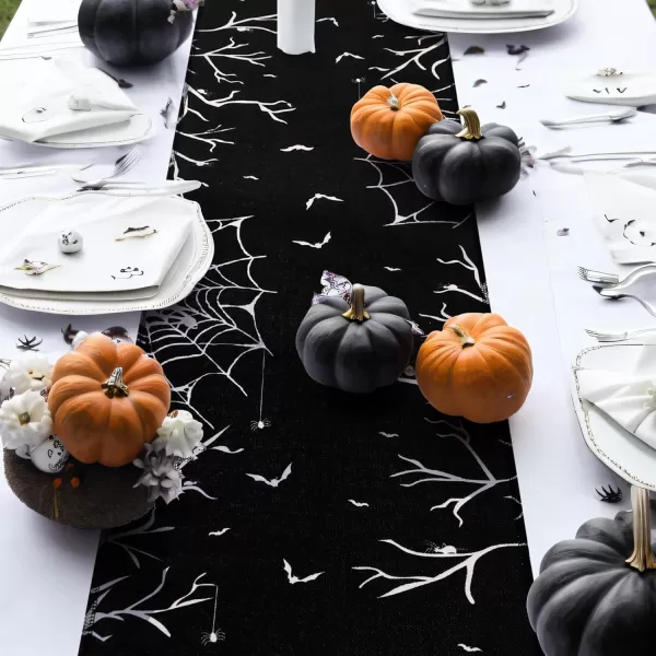 imageOurWarm Halloween Table Runner 72 Inches Long Vintage Skull bat Black Burlap Halloween Table Runners Skeleton Burlap Day of Dead Table Decor for Kitchen Holiday Indoor Home PartyKLBY