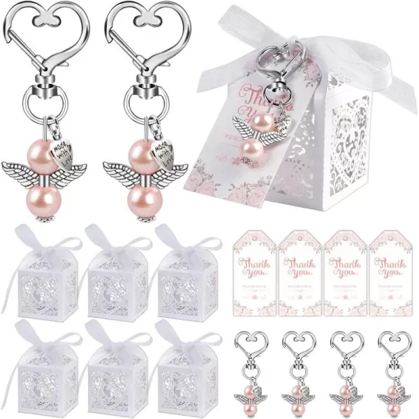 imageOurWarm 144Pcs Baby Shower Favors Including Cute Angel Keychains Favor Boxes and Thank You Cards for Baptism Favors Bridal Shower Favors Birthday Party Favors Wedding Favors for Guests Pink