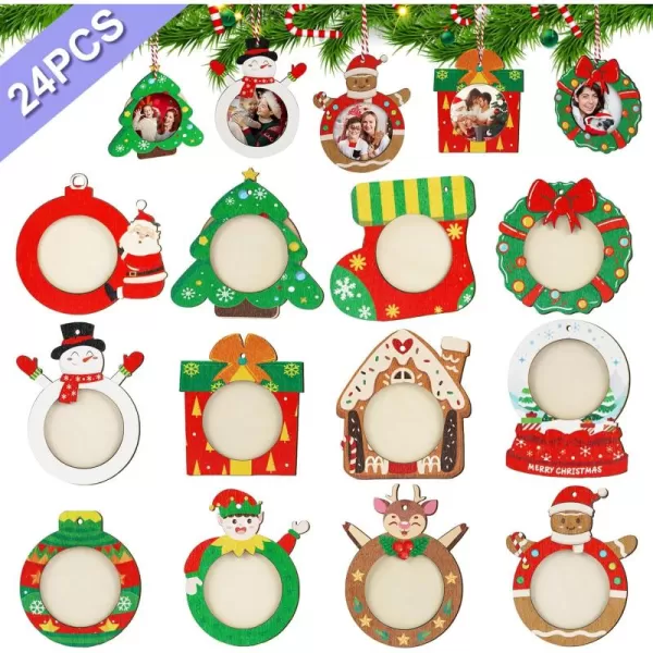 imageOurWarm 24Pcs Christmas Picture Frame Ornament Bulk DIY Hanging Wood Photo Ornaments for Christmas Tree Color Printing Personalized Wooden Christmas Ornaments for Xmas Home Presents Tree Decorations